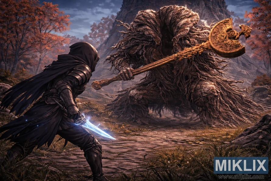 Anime style Elden Ring fan art of the Tarnished on the left facing a massive Erdtree Avatar that looms close in an autumn ruin landscape before battle.