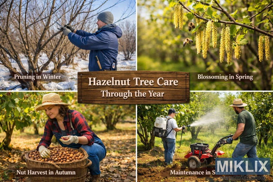 శీతాకాలపు కత్తిరింపు, వసంతకాలంలో పుష్పించేవి, వేసవి నిర్వహణ మరియు శరదృతువు గింజల పంటతో సహా హాజెల్ నట్ చెట్లకు కాలానుగుణ సంరక్షణ కార్యకలాపాలను చూపించే ల్యాండ్‌స్కేప్ కోల్లెజ్.