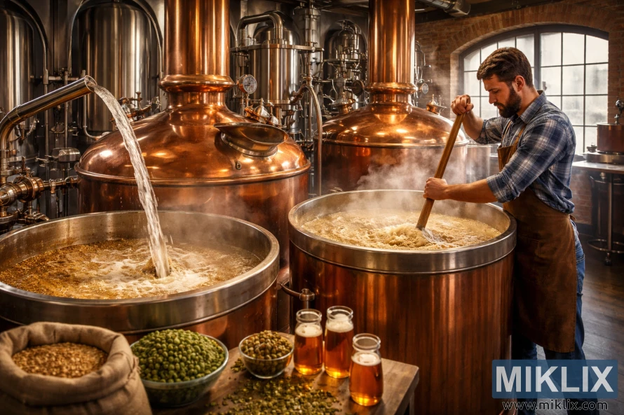 సాంప్రదాయ క్రాఫ్ట్ బ్రూవరీ లోపల రాగి పాత్రలలో స్టీమింగ్ మాష్‌ను కలుపుతున్న బ్రూమాస్టర్