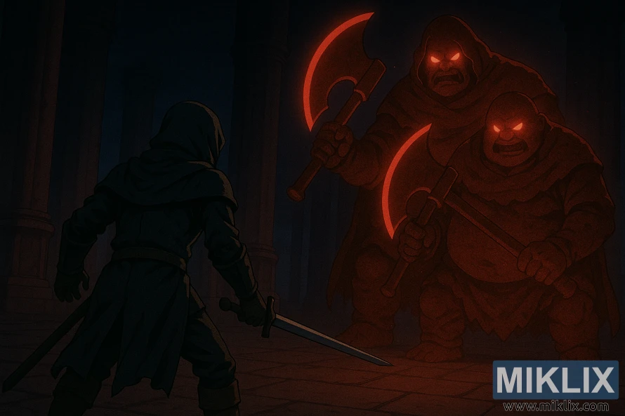 Kapucē aptraipīts, ar zobenu rokā, ar diviem kvēlojoši sarkaniem Fell dvīņiem ar cirvjiem tumšā akmens tornī, redzams no aizmugures.