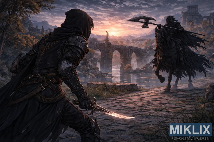 رسمة فنية مستوحاة من الأنمي تُظهر "المشوهين" من الخلف وهم يرتدون دروع "السكين الأسود" ويواجهون فرسان الليل على ظهور الخيل عند جسر مدينة البوابة قبل المعركة.