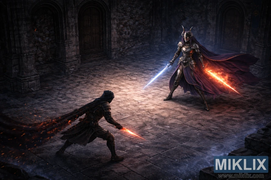 Moody fantasy painting of the Tarnished in dark Black Knife armor facing Rellana, Twin Moon Knight, who wields a flaming sword and a frost sword in a blue-lit gothic castle hall.