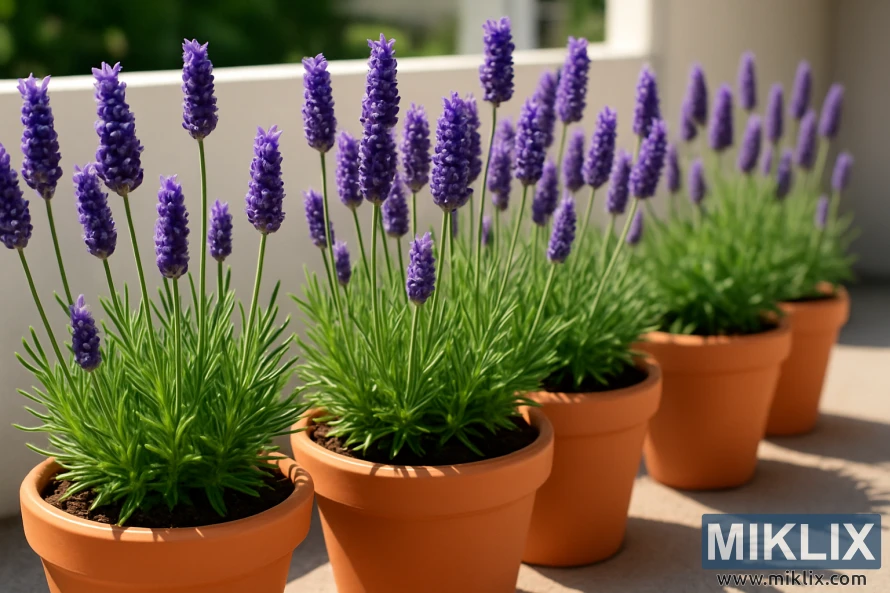 Adskillige lavendelplanter i fuldt flor vokser i terrakottapotter opstillet på en solrig altan med livlige lilla blomster og grønne blade. Adskillige lavendelplanter i fuldt flor vokser i terrakottapotter opstillet på en solrig altan med livlige lilla blomster og grønne blade.