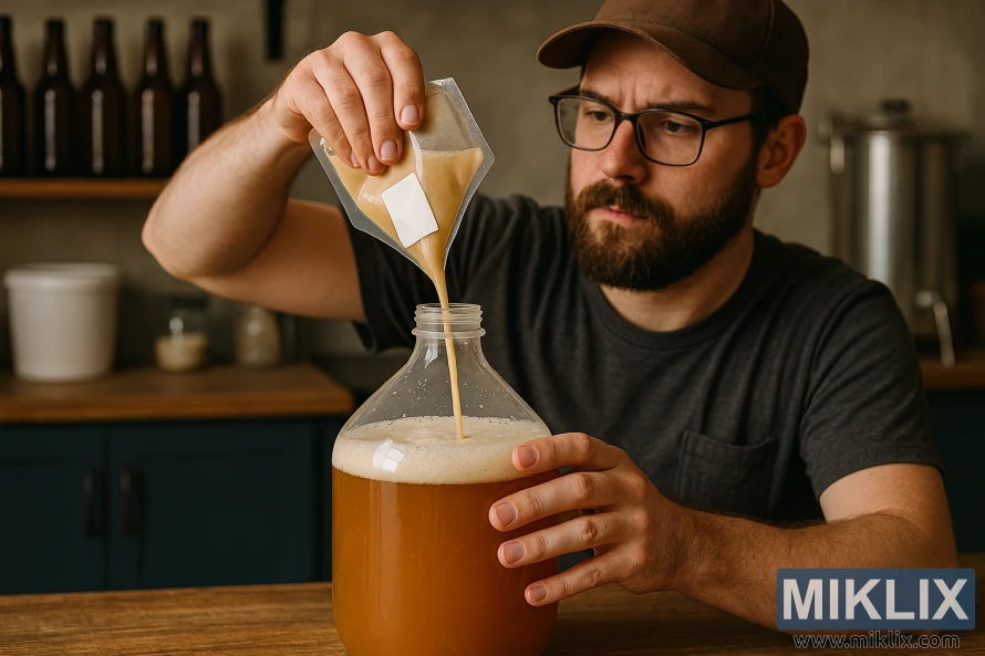 Man pouring liquid yeast into a stainless steel fermentation vessel in a homebrew setup