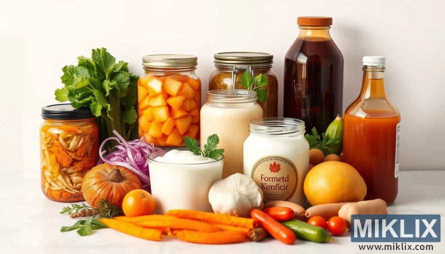 Skābētu kāpostu, kimchi, jogurta, kefīra un kombučas klusā daba uz tīra fona ar maigu apgaismojumu.