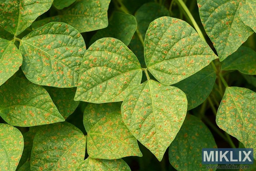 Close-up of green bean leaves with rusty spots caused by bean rust disease Close-up of green bean leaves with rusty spots caused by bean rust disease