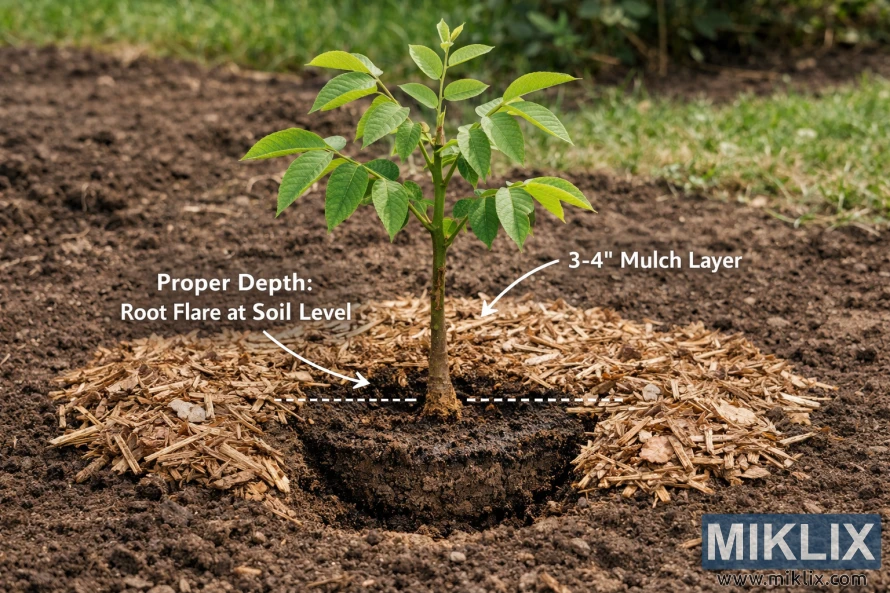 Young walnut sapling planted at correct depth with visible root flare and a three to four inch mulch layer around the base. Young walnut sapling planted at correct depth with visible root flare and a three to four inch mulch layer around the base.