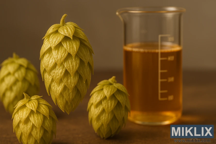 Svaigi Tettnanger apiņu rogas ar zeltaini zaļām zvīņām blakus zeltaina šķidruma glāzei. Svaigi Tettnanger apiņu rogas ar zeltaini zaļām zvīņām blakus zeltaina šķidruma glāzei.