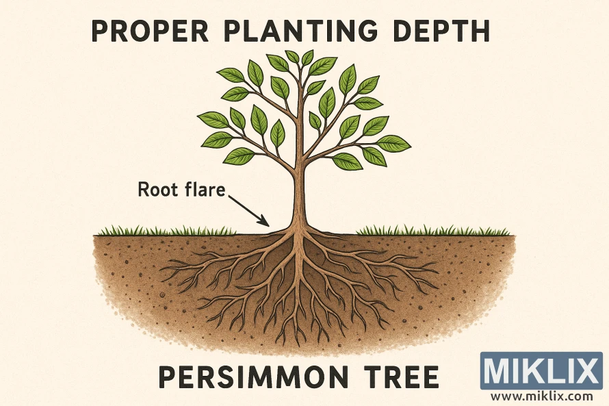 Illustration showing correct planting depth for a persimmon tree with root flare above soil and labeled parts of the root system. Illustration showing correct planting depth for a persimmon tree with root flare above soil and labeled parts of the root system.
