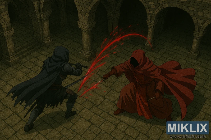 Anime-style isometric fan art of the Tarnished fighting hooded Esgar, Priest of Blood, in Elden Ring's Leyndell Catacombs