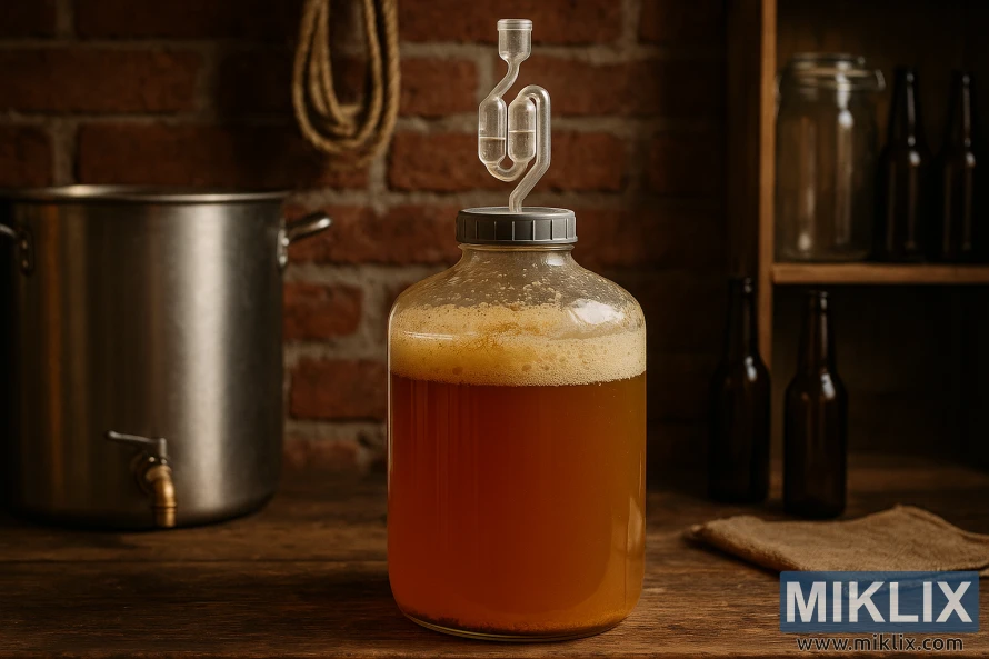 Rustikk hjemmebryggingsoppsett med en glassdunk som gjærer Kölsch-øl på en arbeidsbenk av tre. Rustikk hjemmebryggingsoppsett med en glassdunk som gjærer Kölsch-øl på en arbeidsbenk av tre.