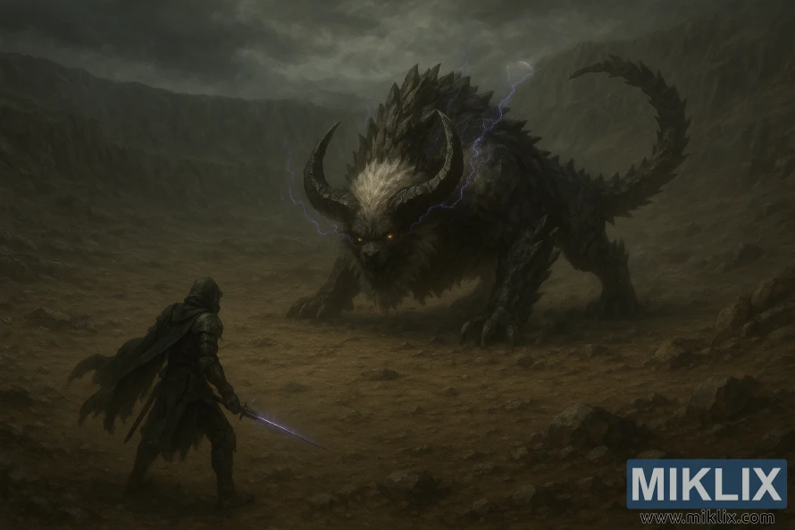 आँधीबेहरीयुक्त आकाशमुनि एउटा उजाड खाडल भित्र एउटा विशाल फलिङस्टार जनावरको सामना गर्ने टार्निश्डको यथार्थपरक अँध्यारो काल्पनिक दृश्य।