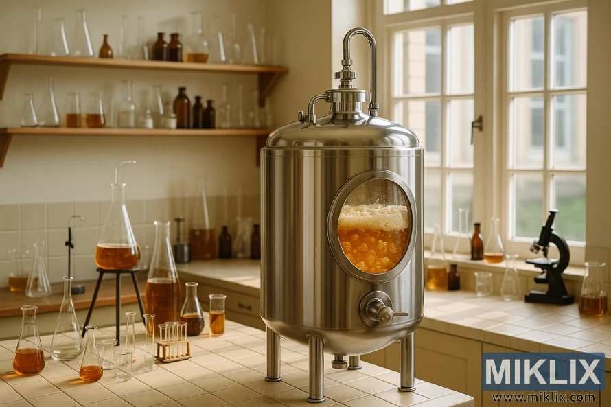 Яркая, хорошо освещенная лаборатория с бродильным чаном из нержавеющей стали, в котором происходит активное брожение пива, окруженная стеклянной посудой и пивоваренными инструментами. Яркая, хорошо освещенная лаборатория с бродильным чаном из нержавеющей стали, в котором происходит активное брожение пива, окруженная стеклянной посудой и пивоваренными инструментами.