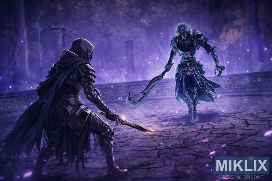 Anime style fan art of the Tarnished in Black Knife armor facing the Ancient Hero of Zamor inside the glowing Weeping Evergaol arena just before battle.