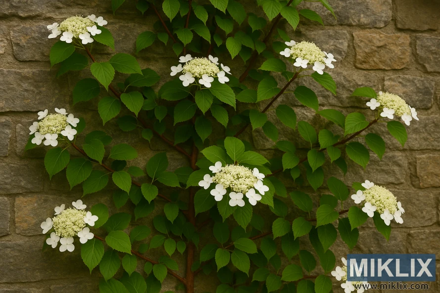Climbing hydrangea with white lacecap blooms spreading across a weathered stone wall.