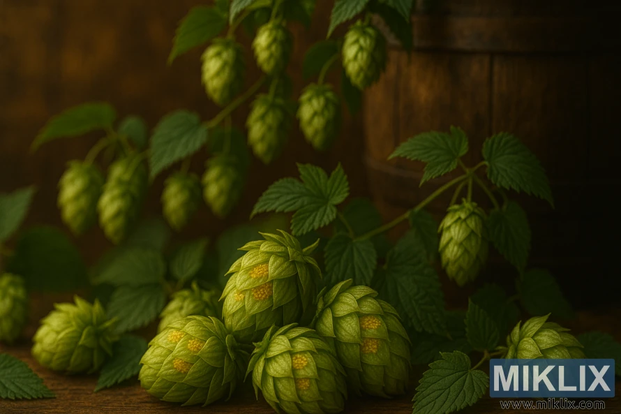 Close-up still life of Cobb hop cones with golden lupulin, cascading bines, and a wooden barrel in warm rustic lighting. Close-up still life of Cobb hop cones with golden lupulin, cascading bines, and a wooden barrel in warm rustic lighting.