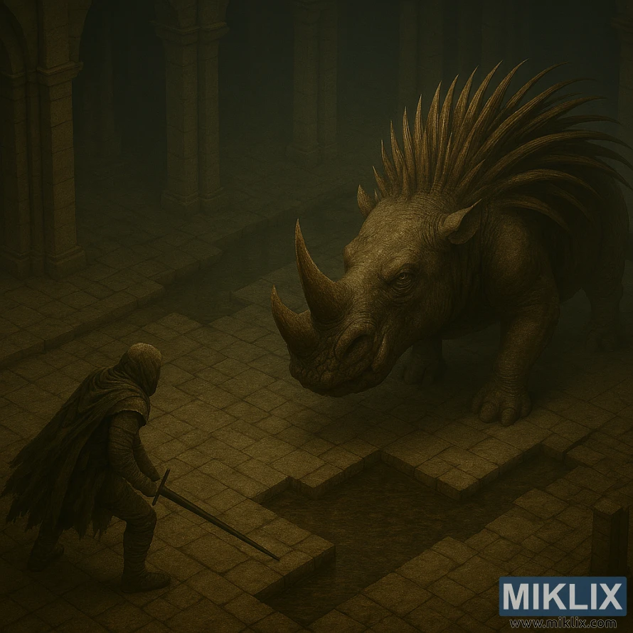 Realistic isometric fantasy art of the Tarnished in Black Knife armor facing a massive horned beast with spiked back in Elden Ring: Shadow of the Erdtree