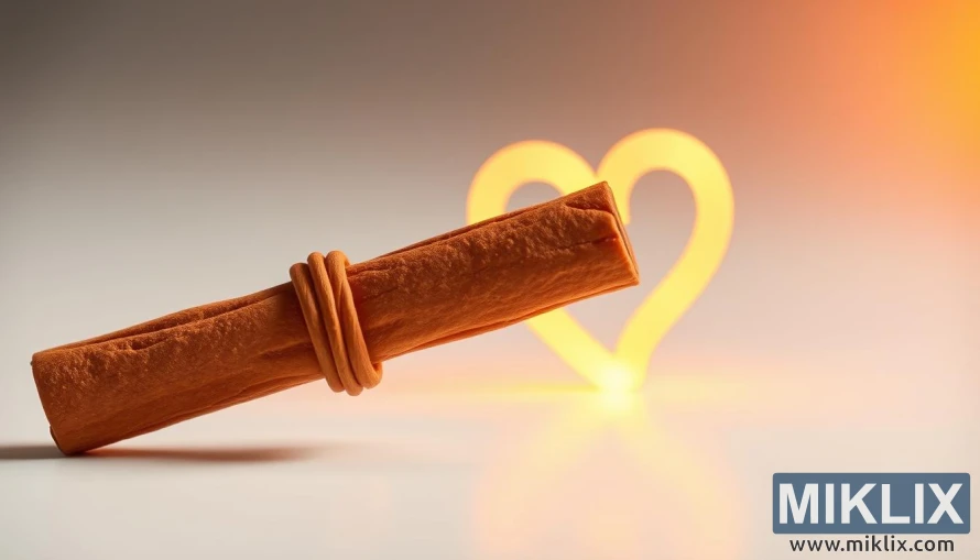 Gambar dekat batang kayu manis dengan simbol hati bercahaya di latar belakang. Gambar dekat batang kayu manis dengan simbol hati bercahaya di latar belakang.