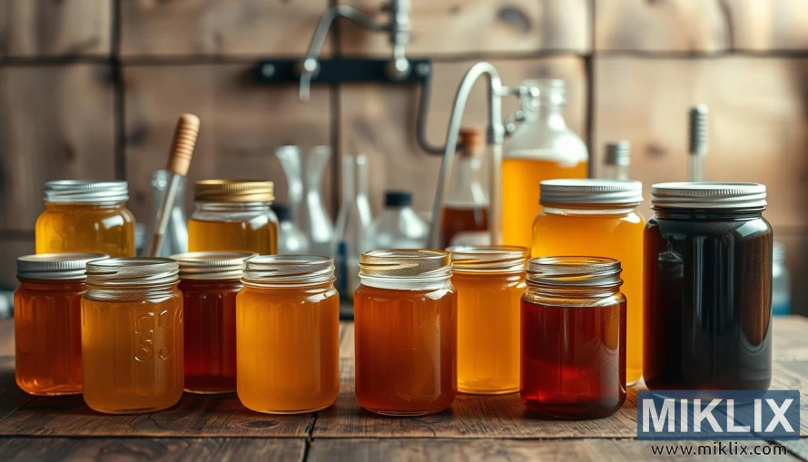 Assorterte honningkrukker på et trebord med bryggeverktøy, opplyst av varmt, mykt lys. Assorterte honningkrukker på et trebord med bryggeverktøy, opplyst av varmt, mykt lys.