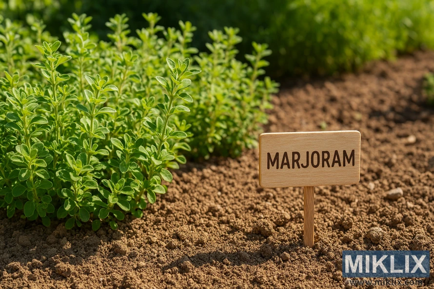 Marjoram plants growing in a sunny garden bed with well-draining soil and a wooden label sign