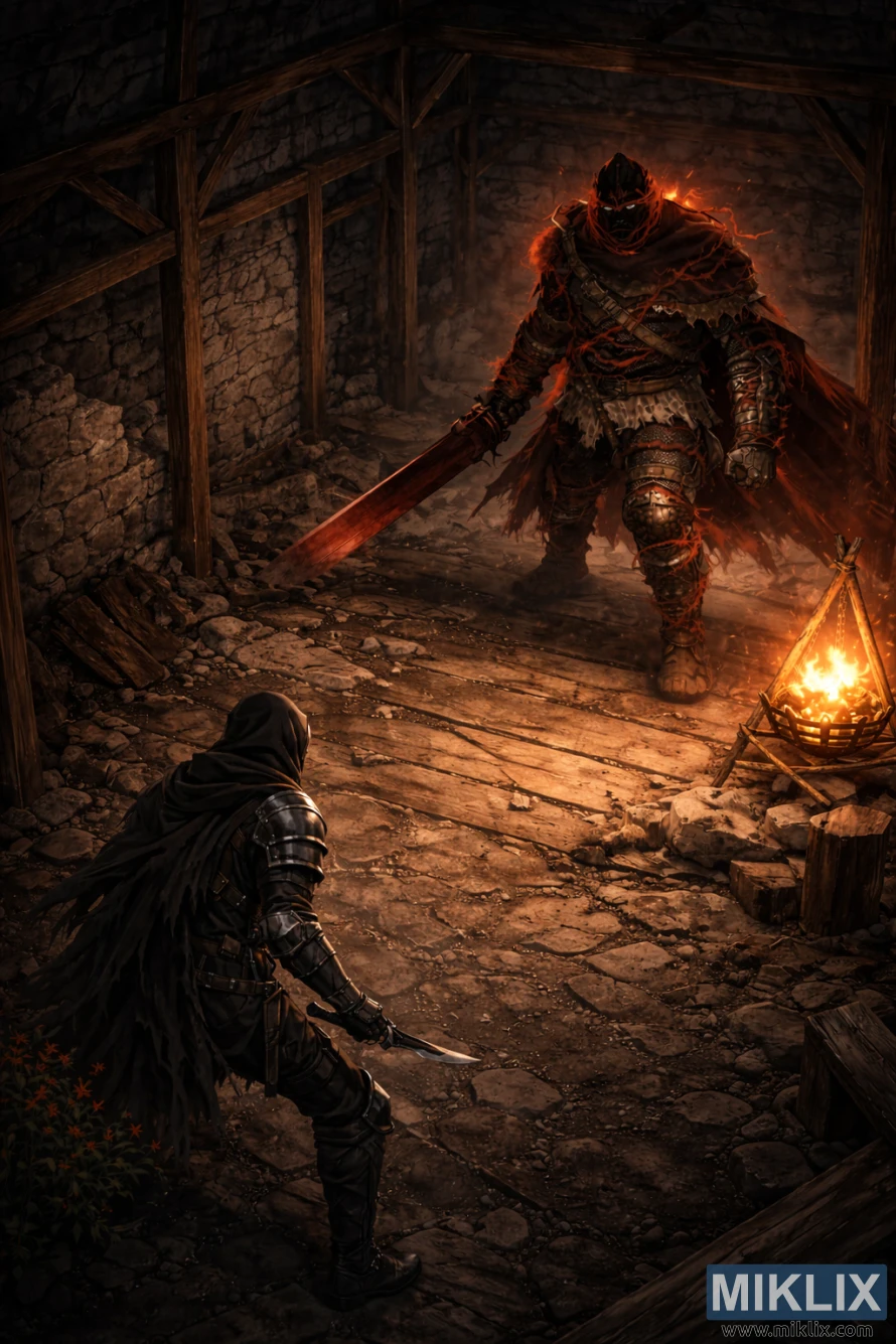 Izometrická kresba Elden Ring zobrazujúca Poškvrneného pod ním a tvárou v tvár týčiacemu sa Lovcovi so Zvonom v Chatrči Majstra vojny pred bojom.