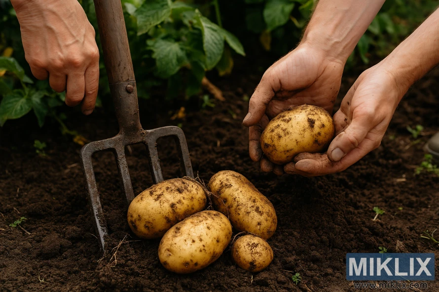 Hands digging up mature potatoes with a garden fork in rich soil
