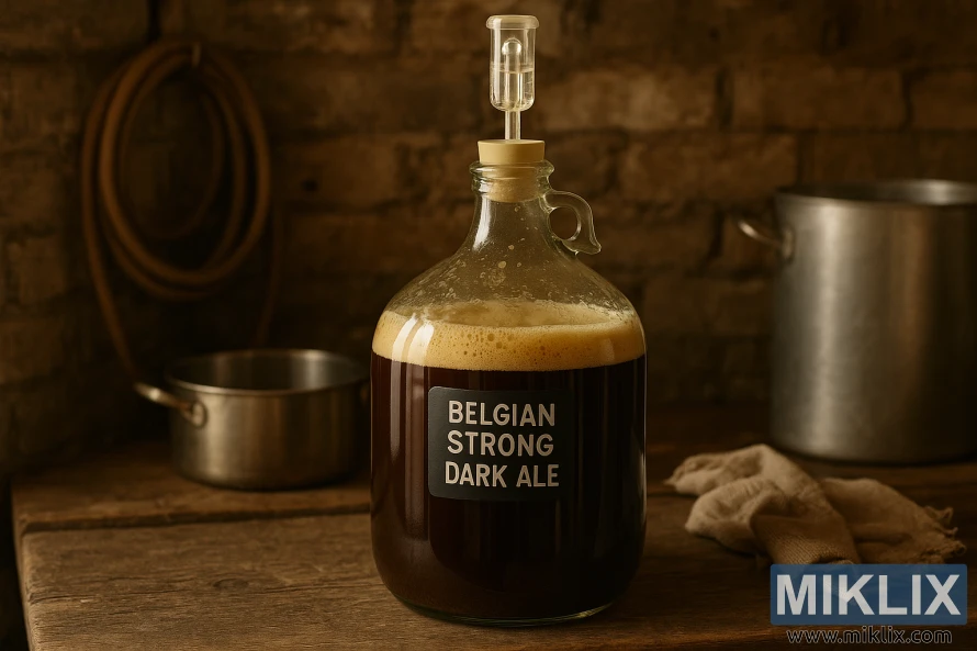 ਕੱਚ ਦਾ ਕਾਰਬੌਏ ਪੇਂਡੂ ਲੱਕੜ ਦੇ ਮੇਜ਼ 'ਤੇ ਬੈਲਜੀਅਨ ਸਟ੍ਰੌਂਗ ਡਾਰਕ ਏਲ ਨੂੰ ਖਮੀਰਦਾ ਹੋਇਆ।