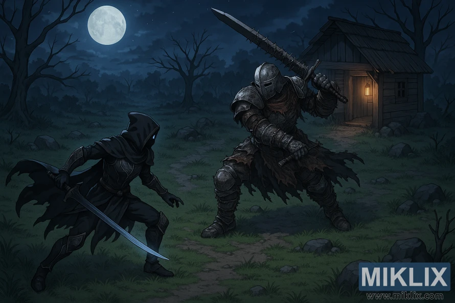 Isometric anime-style scene of the Tarnished in Black Knife armor facing the Bell-Bearing Hunter in worn barbed-wire armor outside the Isolated Merchant's Shack under a moonlit sky. Isometric anime-style scene of the Tarnished in Black Knife armor facing the Bell-Bearing Hunter in worn barbed-wire armor outside the Isolated Merchant's Shack under a moonlit sky.