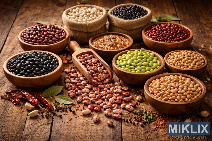 Uhlu lwezinhlobo zobhontshisi obomisiwe ezitsheni zokhuni kanye namasaka e-burlap etafuleni lokhuni lasemaphandleni elinopelepele, ugalikhi, nezinongo Uhlu lwezinhlobo zobhontshisi obomisiwe ezitsheni zokhuni kanye namasaka e-burlap etafuleni lokhuni lasemaphandleni elinopelepele, ugalikhi, nezinongo