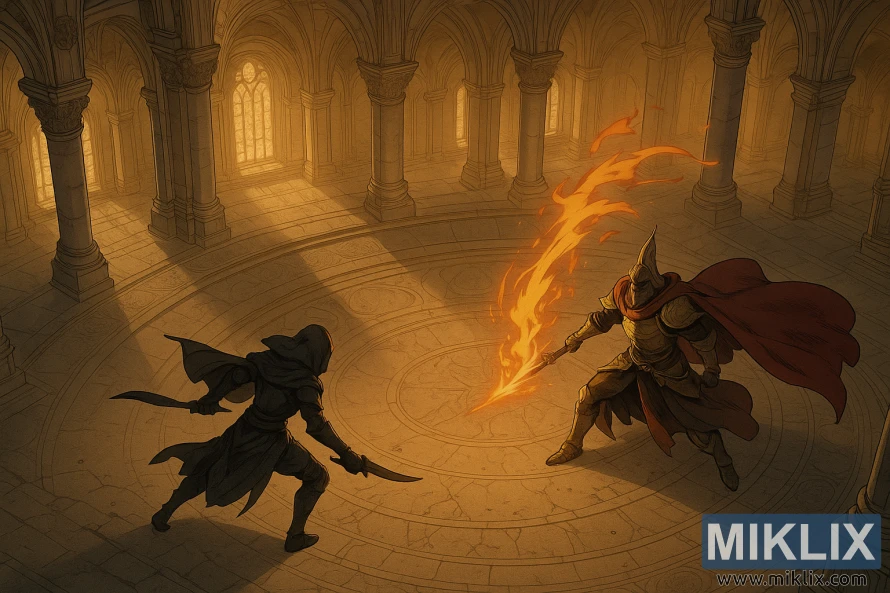 Overhead anime-style view of a Black Knife warrior facing Sir Gideon the All-Knowing in the vast Erdtree Sanctuary. Overhead anime-style view of a Black Knife warrior facing Sir Gideon the All-Knowing in the vast Erdtree Sanctuary.