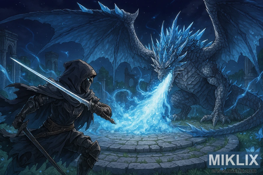 Anime-style fan art of the Tarnished fighting Glintstone Dragon Adula at Cathedral of Manus Celes