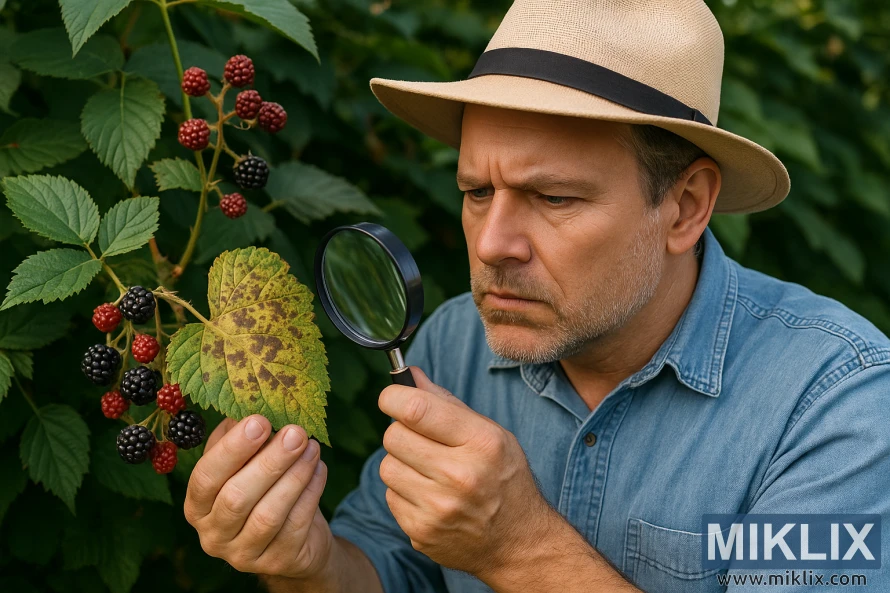 Vidutinio amžiaus vyras su šiaudine skrybėle saulėtame sode pro didinamąjį stiklą apžiūri sergančio gervuogės lapą. Vidutinio amžiaus vyras su šiaudine skrybėle saulėtame sode pro didinamąjį stiklą apžiūri sergančio gervuogės lapą.