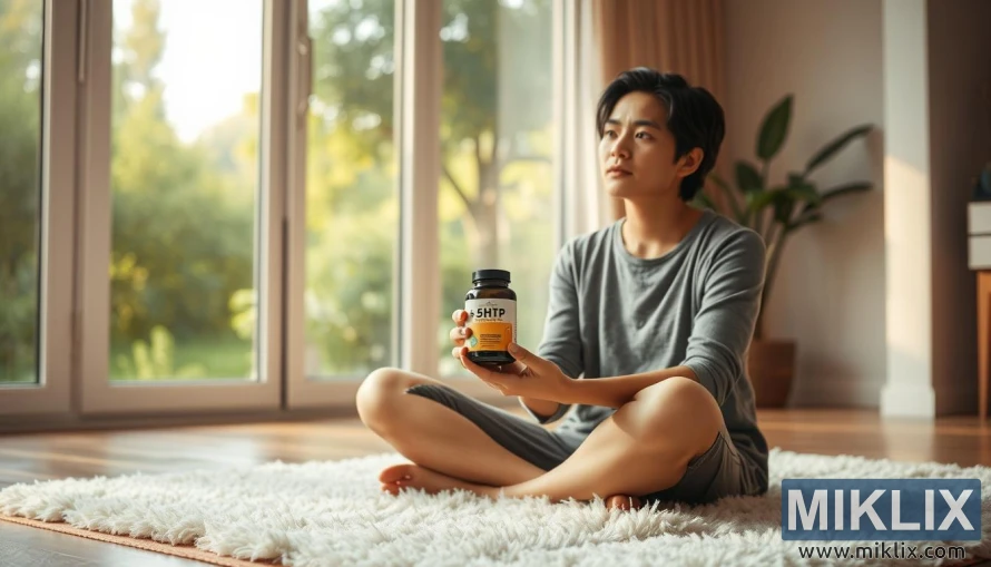 नरम प्राकृतिक प्रकाश में 5-HTP सप्लीमेंट्स पकड़े हुए पालथी मारकर बैठा व्यक्ति।