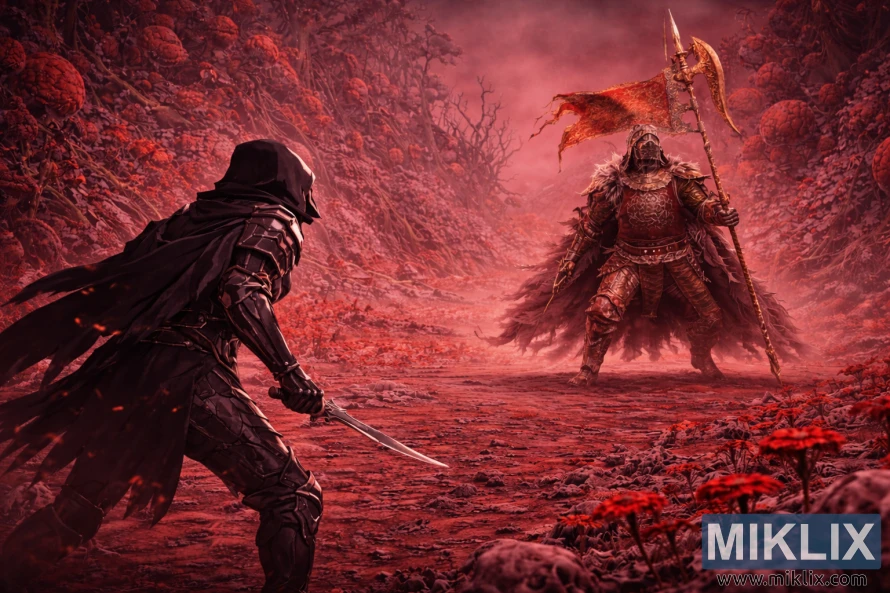 Anime-style fan art showing the Tarnished from behind in Black Knife armor facing an enlarged, towering Commander O’Neil in the rot-choked Swamp of Aeonia just before battle.