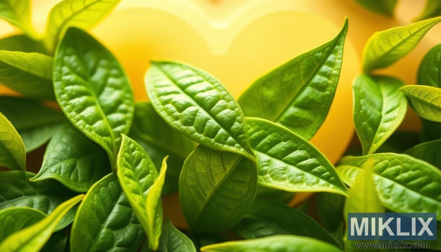 Зүрхний эрүүл мэндийг бэлэгддэг гялалзсан зүрхний хэлбэртэй шинэ ногоон цайны навч. Зүрхний эрүүл мэндийг бэлэгддэг гялалзсан зүрхний хэлбэртэй шинэ ногоон цайны навч.