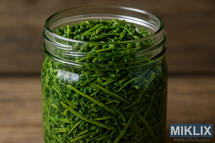 Close-up of a glass jar filled with finely cut fermented kale leaves on a wooden surface.