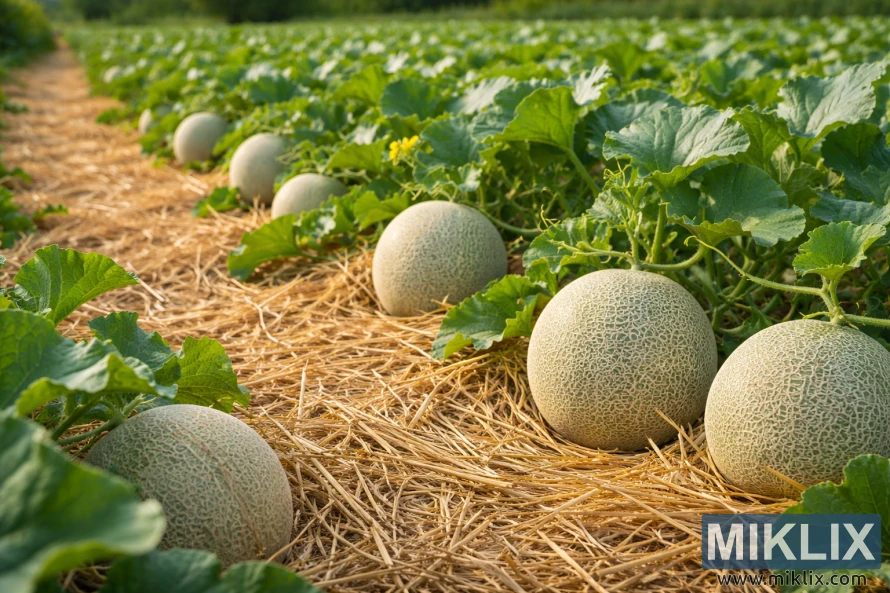 Bimët e pjeprit që rriten në rreshta me mbulesë prej kashte, duke treguar shalqinj të pjekur që mbështeten në kashtë të pastër e të artë poshtë gjetheve të gjelbra të harlisura.