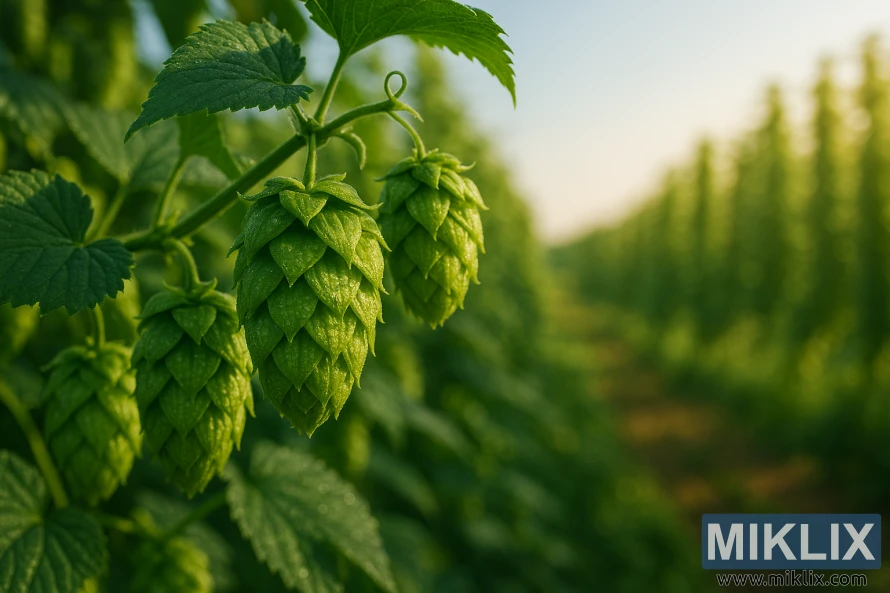 Detailný záber na rosou pokrytých šištičiek chmeľu Pacific Gem na viniči na slnečnom chmeľovom poli