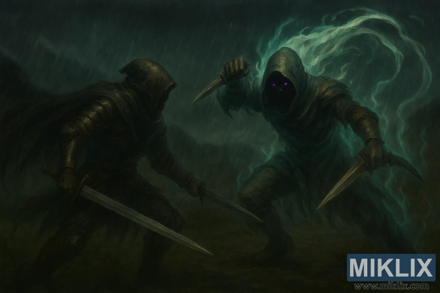 Полуреалистична фан арт Елден Ринга, на којој Тарнишед витла мач и бори се против Алекто са два бодежа у кишом натопљеном Евергаолу.