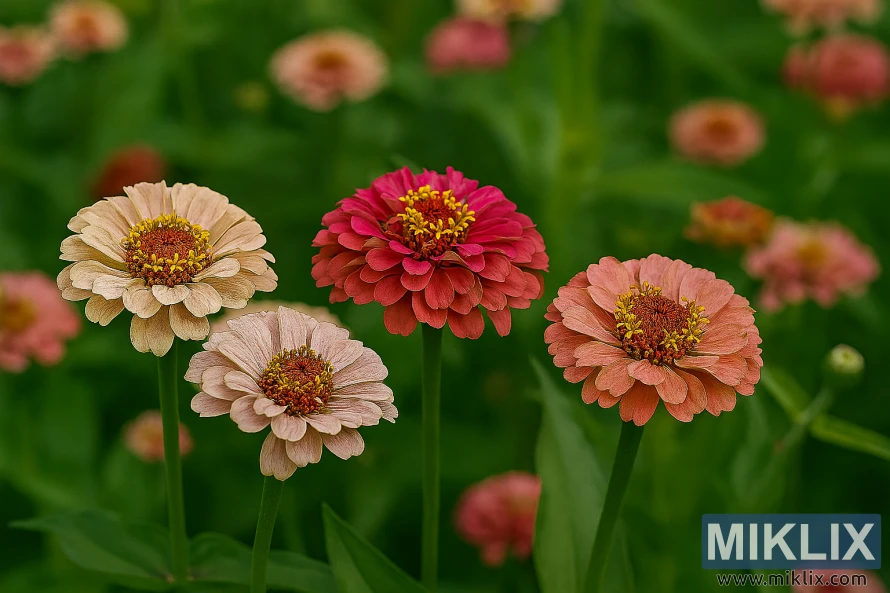 Landschapsfoto van Zinderella-zinniabloemen met scabiosa-achtige centra in perzik- en magentatinten, omringd door groen blad Landschapsfoto van Zinderella-zinniabloemen met scabiosa-achtige centra in perzik- en magentatinten, omringd door groen blad