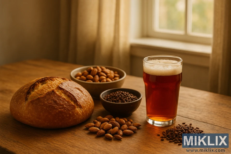 Kuhinjski stol s kruhom Victory Malt, jantarnim pivom, tostiranim orašastim plodovima i zrnima slada u toplom svjetlu.