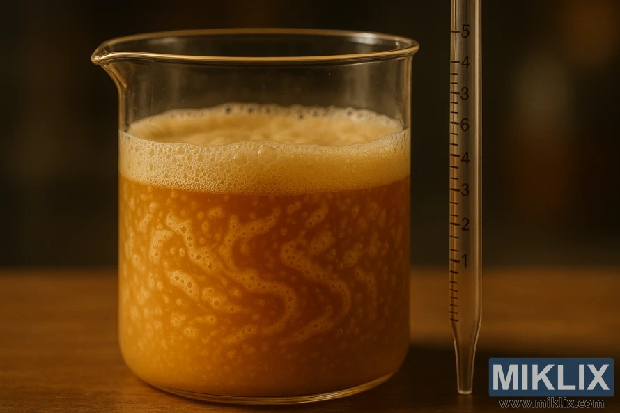 Nærbilde av kremet gjærkultur i et glødende laboratoriebeger med pipette i nærheten. Nærbilde av kremet gjærkultur i et glødende laboratoriebeger med pipette i nærheten.