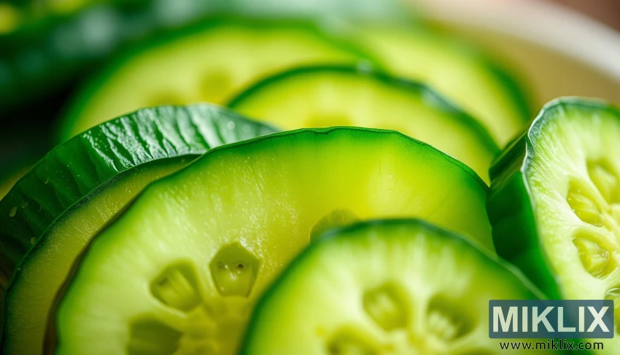 柔らかな照明の下で、鮮やかな緑色と半透明の果肉を持つスライスされたキュウリのクローズアップ。