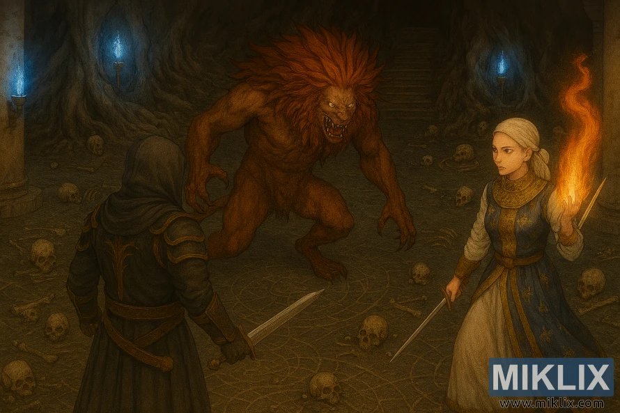 Semi-realistic Elden Ring fan art showing the Tarnished in Black Knife armor facing Perfumer Tricia and Misbegotten Warrior in a ruined dungeon