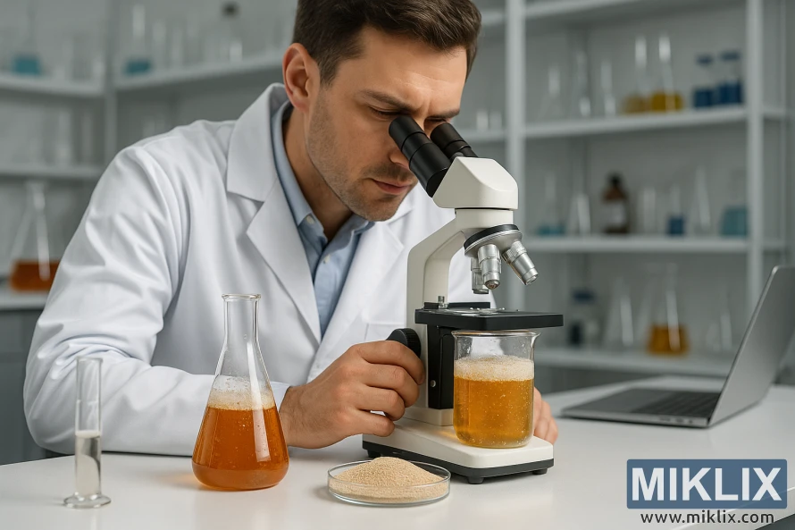 실험실 가운을 입은 기술자가 양조장 실험실 작업대에서 현미경으로 효모 샘플을 검사하고 있습니다.