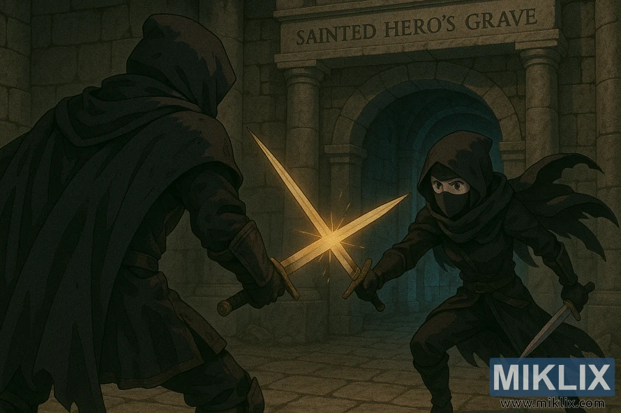 Anime-style scene of the Tarnished facing the Black Knife Assassin with glowing blades at the entrance of the Sainted Hero’s Grave.