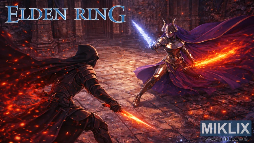 Fan art of Tarnished in Black Knife armor battling Rellana, Twin Moon Knight in Castle Ensis