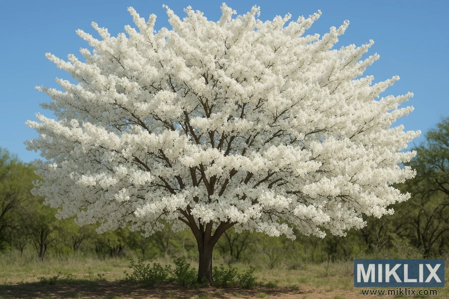 Техасское белое редбадное дерево, покрытое белыми цветами под ясным голубым небом в техасском пейзаже. Техасское белое редбадное дерево, покрытое белыми цветами под ясным голубым небом в техасском пейзаже.