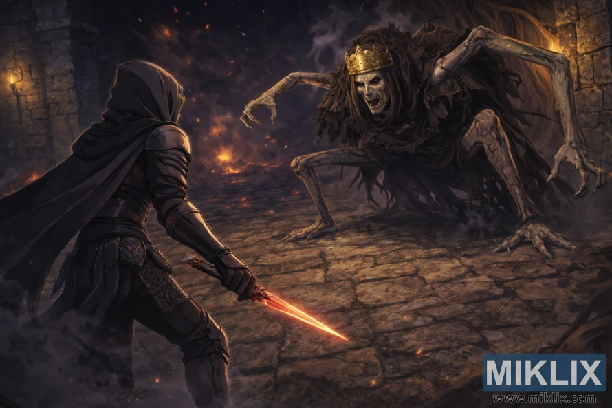 ଆନିମେ-ଶୈଳୀର ଏଲଡେନ୍ ରିଙ୍ଗ ଫ୍ୟାନ୍ ଆର୍ଟ ଯେଉଁଥିରେ କଳା ଛୁରୀରେ ଟାର୍ଣ୍ଣିସ୍ଡ୍ କବଚକୁ ଯୁଦ୍ଧ ପୂର୍ବରୁ ଅନ୍ଧାର କିଙ୍ଗସ୍ରିଲମ୍ ଧ୍ୱଂସାବଶେଷରେ ଏକ ବିଶାଳ ରୟାଲ୍ ରେଭେନାଣ୍ଟର ସାମ୍ନା କରୁଥିବା ଦର୍ଶାଯାଇଛି।