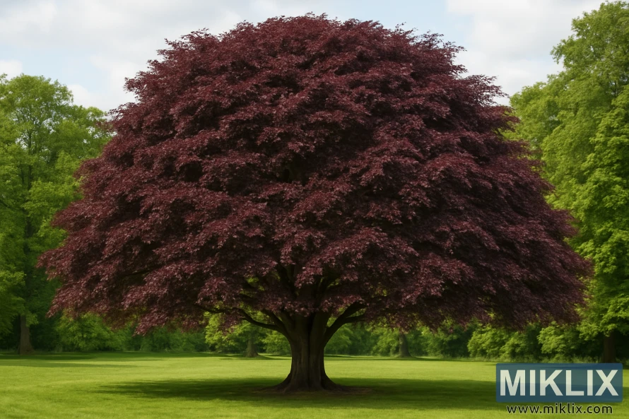 Pohon Beech Tembaga dewasa dengan dedaunan ungu tua dan kanopi lebar di taman.